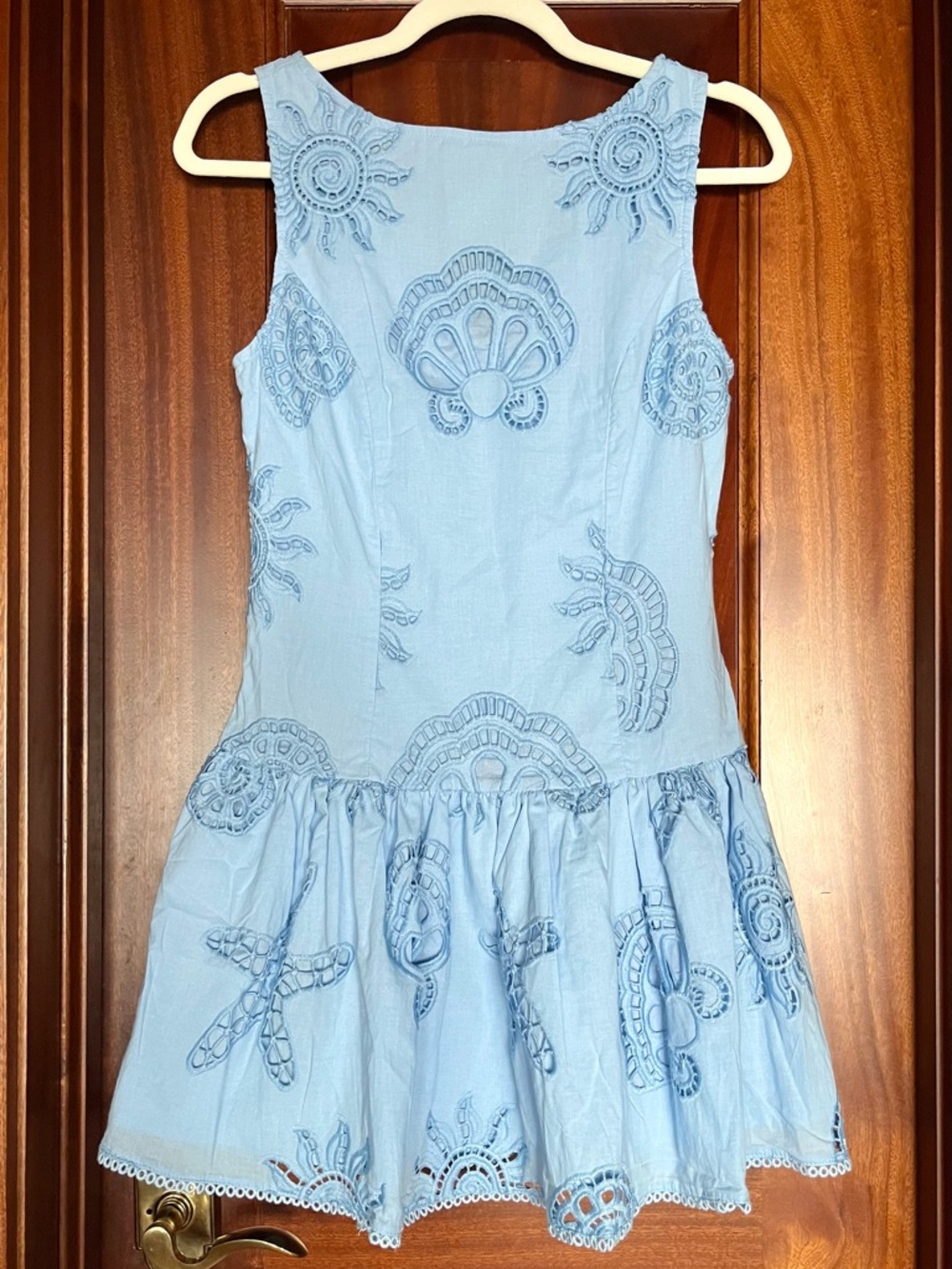 Caroline Constas Blue Eyelet Starfish Seashell Shell Drop Waist Mini Dress S
